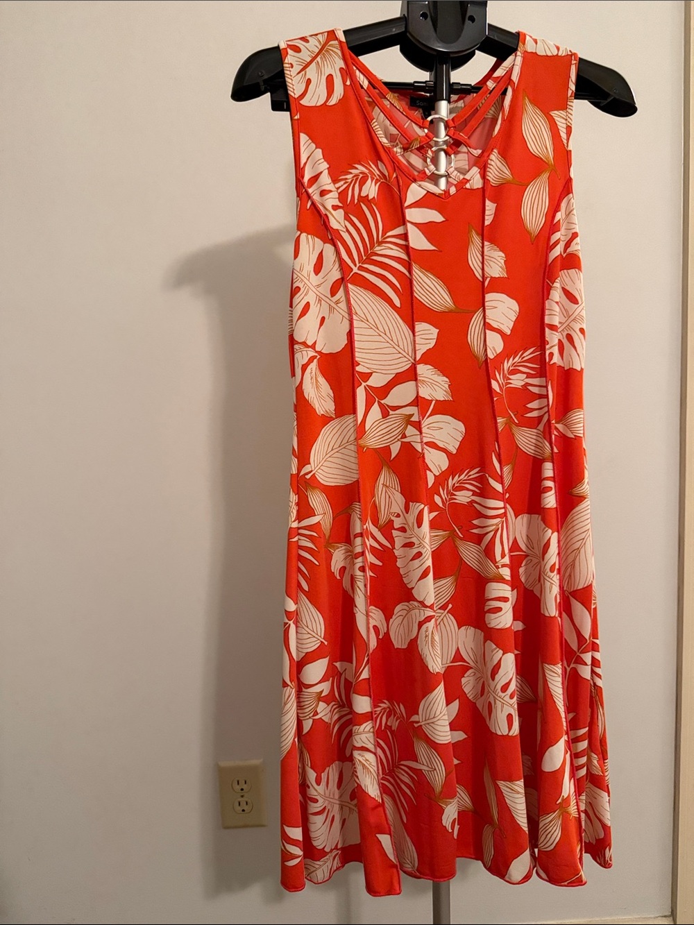 Sami & Jo Coral Red Tropical Leaf Sleeveless Swing Dress